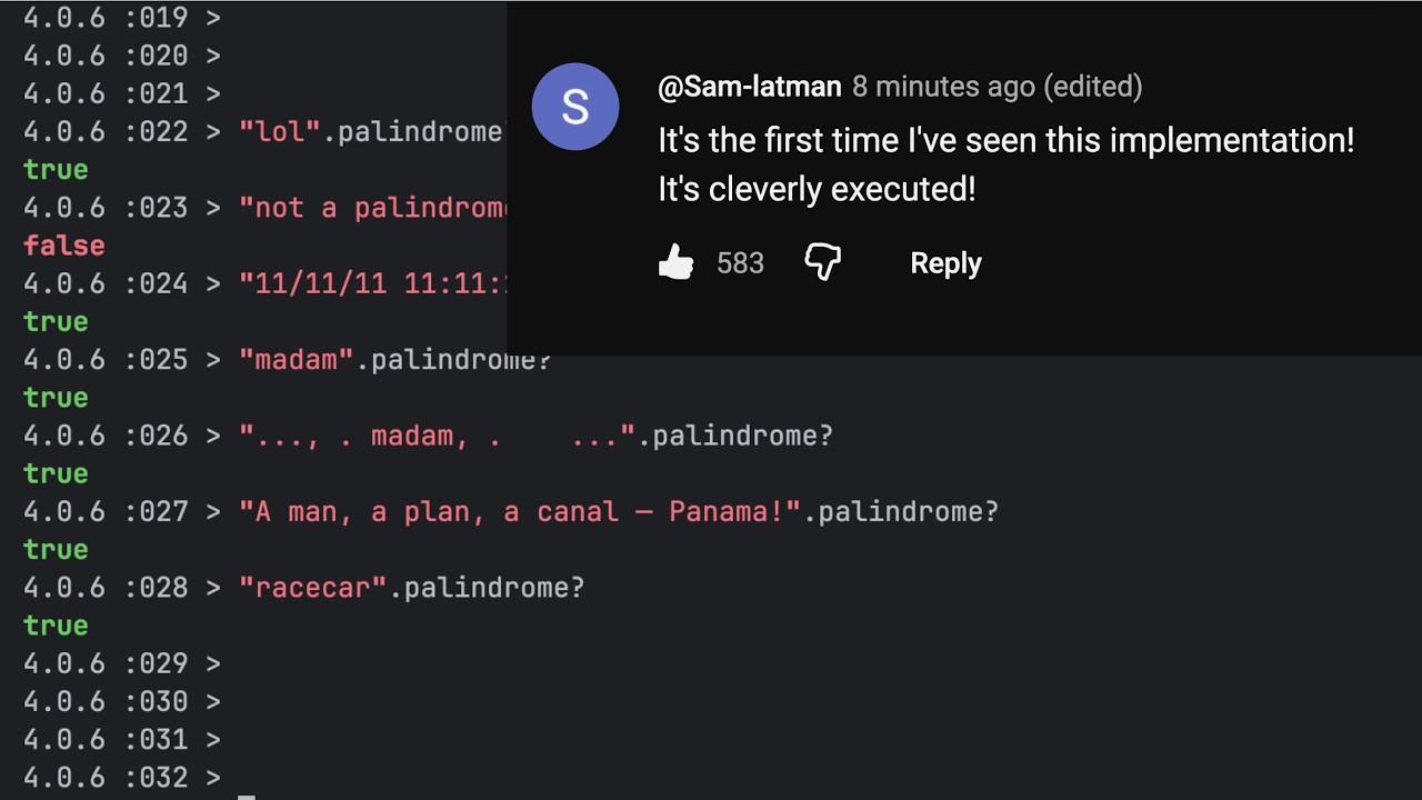 A palindrome checker in 7 lines, and what String.include really does